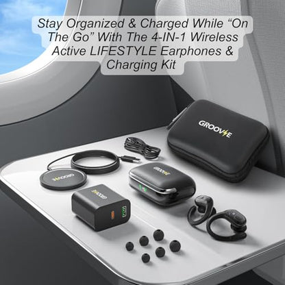 Groove 4-in-1 Wireless Earbuds w/Charging Case - 80 Hours Playtime Wireless Headphones Bluetooth 5.3 IPX7 Waterproof Noise Cancelling Earphones w/LED Light Display | Phone Charging Pad Electronics - color: Black