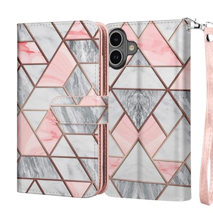 NJJEX Compatible with iPhone 16 Plus Wallet Case, 9 Card Slots, Marble Pink | PU leather folio flip, detachable magnetic phone cover, integrated kickstand, included lanyard - color: Marble Pink, size: iPhone 16 Plus