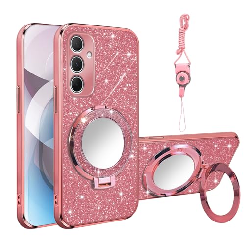 Phone Case for Samsung Galaxy A35 with Ring Holder Kickstand [Mirror & Lanyard], Women Girls Plating Bling Clear Soft Shockproof Cover Magnetic Case for Galaxy A35, Rose Gold - color: Rose Gold, size: Samsung Galaxy A35 5G