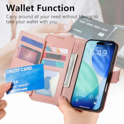 for iPhone 17 Phone Case Wallet, Pink | Built-in Card Holder (8-10 Cards), Zipper Pocket, Wrist Strap, Stand Kickstand, Flower PU Leather Protective Phone Case Women - color: Pink, size: iPhone 17