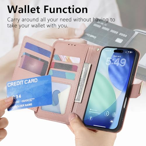 for iPhone 17 Pro Phone Case Wallet, Pink | Built-in Card Holder (8-10 Cards), Zipper Pocket, Wrist Strap, Stand Kickstand, Flower PU Leather Protective Phone Case Women - color: Pink, size: iPhone 17 Pro
