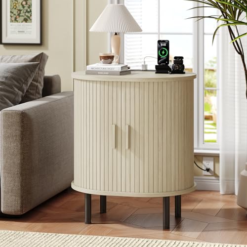 Oval End Table with Charging Station & Door (1, Natural White) - color: Natural White