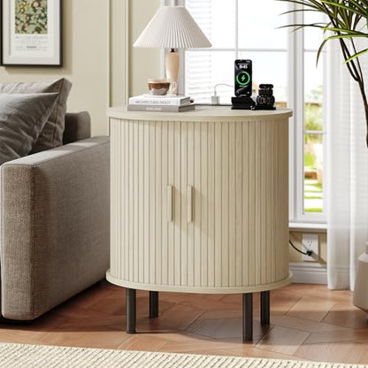 Oval End Table with Charging Station & Door (1, Natural White) - color: Natural White