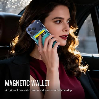 Strapurs Strong Magnetic Wallet Card Holder for MagSafe Phones and Cases, Slim PU Leather Detachable Phone Wallet with 6 Card Slots RFID Blocking for iPhone 17/16/15/14/13/12/Pro/Max/Plus – Bluegreen - color: Blue Green