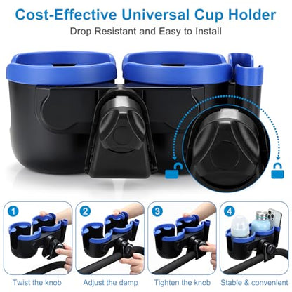 Accmor Stroller Cup Holder with Phone Holder, Bike Cup Holder, Universal Cup Holder for Uppababy Nuna Strollers, 2-in-1 Drinks Holder for Walker, Wheelchair, Scooter - color: Double Holder-Blue