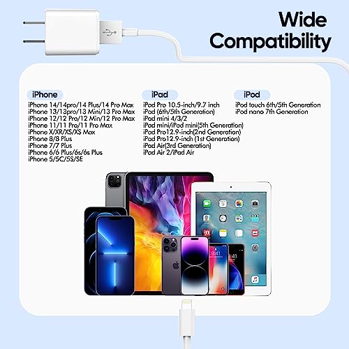 iPhone Charger [Apple MFi Certified] Apple Charger Cord 2Pcak 6FT Lightning Cable Fast Charging with Wall Charger Block Travel Plug Brick Adapter for iPhone 14/13/12/11/XS/XR/SE/7/8/8 Plus/AirPods - size: 6FT