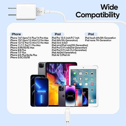 iPhone Charger [Apple MFi Certified] Apple Charger Cord 2Pcak 6FT Lightning Cable Fast Charging with Wall Charger Block Travel Plug Brick Adapter for iPhone 14/13/12/11/XS/XR/SE/7/8/8 Plus/AirPods - size: 6FT