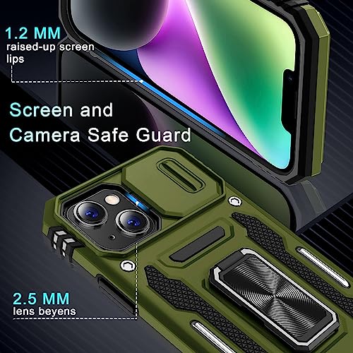 DEERLAMN Case for iPhone 13/iPhone 14 6.1-Inch with Slide Camera Cover+Screen Protector(2 Packs),Rotated Ring Kickstand Military Grade Shockproof Protective Cover-Olive Green - color: Olive Green