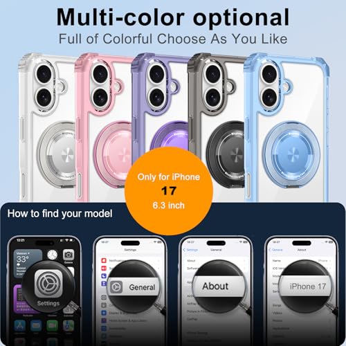 Clear Case for iPhone 17 with Stand [ Compatible with MagSafe ] | Military Grade Heavy Duty Cover with 360 Rotatable Ring Kickstand -260417 - color: Clear, size: iPhone 17