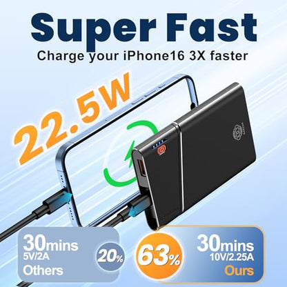 Aaoyun Portable Charger Power Bank, 10000mAh 22.5W PD Fast Charging Powerbank with Built-in USB C Cable, Slim External Phone Battery Pack for iPhone 17/16/15 Samsung S24 Android etc (Black) - color: Black