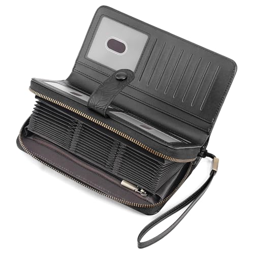 SENDEFN Women's Credit Card Holder RFID Blocking Zip Around Leather Wallet Large Capacity Long Purse with Wristlet - color: Black
