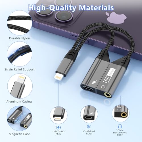 Magnetic 2-IN-1 Lightning to 3.5mm Audio Jack Headphone and Charge Cable Adapter for iPhone，【Apple MFi Certified】Earphone Converter Splitter Support Music+Charge+HiFi+Mic for iPhone 14 Pro/14 13 12 11