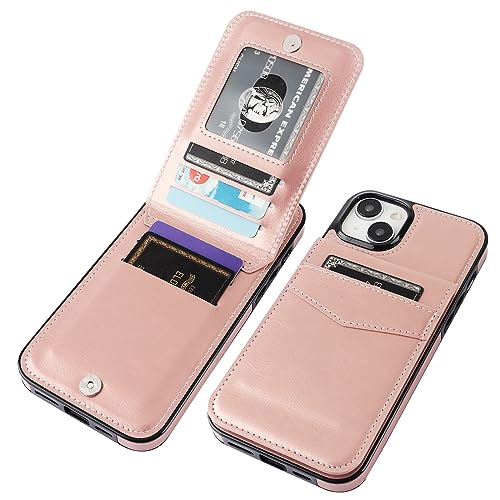 KIHUWEY for iPhone 15 Plus Wallet Case Card Holder Kickstand, Rose Gold | Credit Card Slots, PU Leather, Magnetic Clasp, Flip Heavy Duty Protection Cover for Men and Women - color: Rose Gold