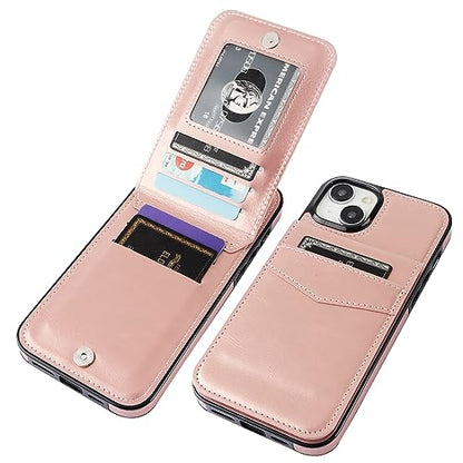 KIHUWEY for iPhone 15 Plus Wallet Case Card Holder Kickstand, Rose Gold | Credit Card Slots, PU Leather, Magnetic Clasp, Flip Heavy Duty Protection Cover for Men and Women - color: Rose Gold