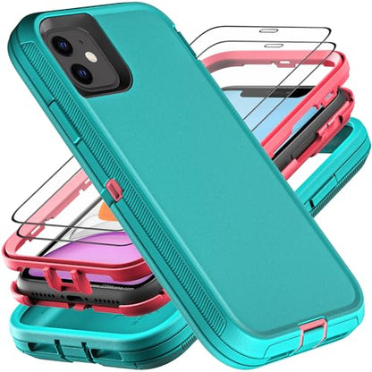 YKHJKLEC for iPhone 11 Case, Military Grade 3 in 1 Heavy Duty Shockproof/Drop Proof/Dust Proof Case with 2Pcs Tempered Glass Screen Protector (Aqua Blue/Pink) - color: Aqua Blue/Pink