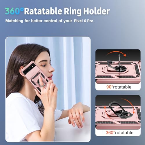 Vinve for Google Pixel 6 Pro Case with Slide Lens Cover, Military Grade Drop Protection, Magnetic Rotated Ring Holder Kickstand Phone Case (Rose Gold) - color: Rose Gold