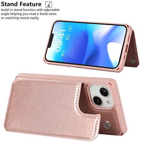iCoverCase Compatible with iPhone 14 Wallet Phone Case with Card Holder for Women, RFID Blocking Embossed PU Leather Wrist Strap Case 6.1 Inch (Macaron Rose Gold) - color: P-Rose Gold
