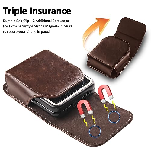 Holster for Samsung Galaxy Z Flip 7/6/5, Premium Leather Phone Pouch with Belt Clip Belt Case for Motorola Razr Plus, Moto Razr -Coffee - color: Coffee