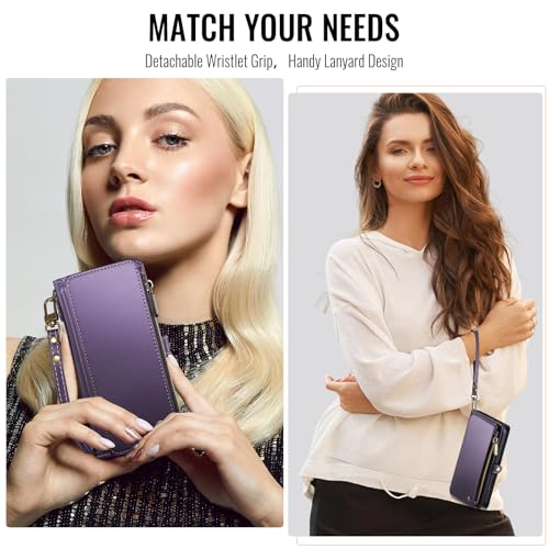 Defencase for Samsung Galaxy Z Fold 6 Wallet Case with Card Holder, Purple | Durable Soft PU Leather, RFID Blcking Zipper Pocket, with S-Pen Holder & Strap, Flip Phone Cases with Stand for Women Men - color: Aesthetic Purple