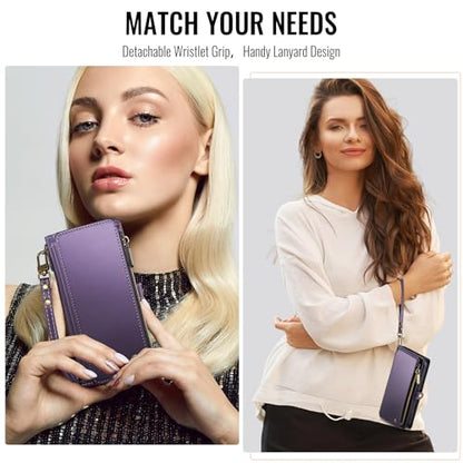 Defencase for Samsung Galaxy Z Fold 6 Wallet Case with Card Holder, Purple | Durable Soft PU Leather, RFID Blcking Zipper Pocket, with S-Pen Holder & Strap, Flip Phone Cases with Stand for Women Men - color: Aesthetic Purple