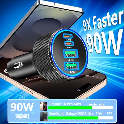 Stuffcool Car Charger USB C, 4Port 90W 2USB-C & 2USB-A Car Power Adapter