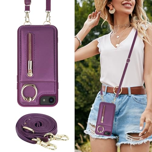 Crossbody Wallet Case for iPhone 7/8/SE 2020/SE 2022, with Card Slots Zipper Pocket Case, Flip Folio Purse RFID Blocking with Ring Kickstand Detachable Strap-Lavender - color: Lavender, size: iPhone 7/8/SE 2020/SE 2022 (4.7")