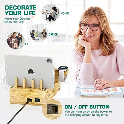 Bamboo Wireless Charging Station for Multiple Devices,Wood Charging Station - color: light bamboo