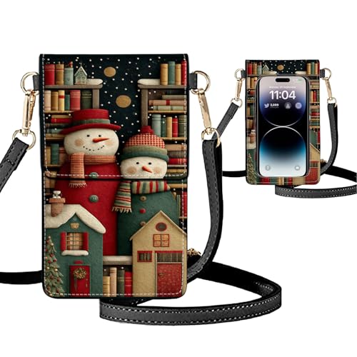 Small Crossbody Bags for Women Touchscreen Cell Phone Bag Cross Body Purses with adjustable Strap,Gifts For Teenage Girls - color: Snowman Art & Bookshelf