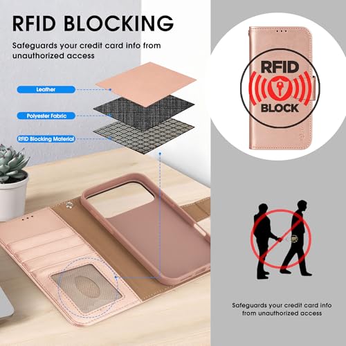 Arae Compatible with iPhone 17 Pro Max Case Wallet with Card Holder, Wristlet Strap Wallet Flip Cover for iPhone 17 Pro Max 6.9 inch Men/Women, RFID Blocking, Kickstand, Rose Gold - color: Rose Gold, size: iPhone 17 Pro Max 6.9 inch