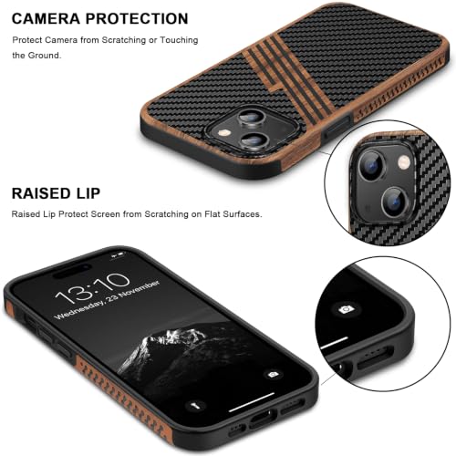 TENDLIN Magnetic Case Compatible with iPhone 15 Case Wood Grain with Carbon Fiber Texture Design Leather Hybrid Slim Cover (Compatible with MagSafe) Three Stripe - color: Magnetic Three Stripe, size: iPhone 15