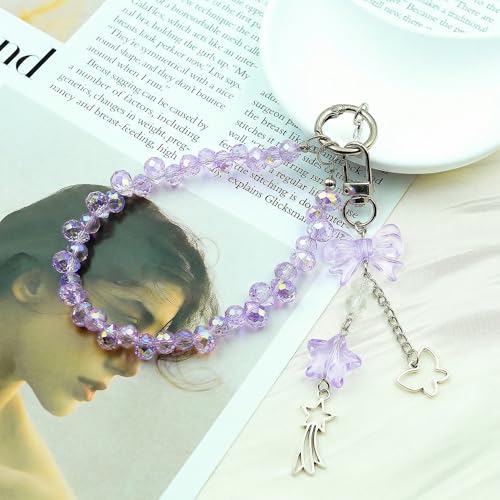 Crystal Beaded Phone Wrist Strap, Cute Cellphone Lanyard Chain, Bow Keychain Wristlet Bag Charms for Women - color: Purple