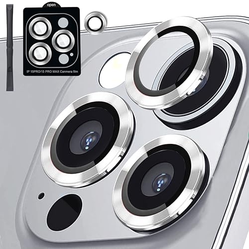 [3+1] Compatible for iPhone 15 Pro ＆ iPhone 15 Pro Max Camera Lens Protector 9H Tempered Glass Camera Cover Metal Individual Ring Full Coverage Camera Lens Protector with Removal Tool (silver) - color: silver