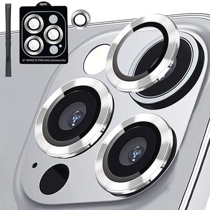 [3+1] Compatible for iPhone 15 Pro ＆ iPhone 15 Pro Max Camera Lens Protector 9H Tempered Glass Camera Cover Metal Individual Ring Full Coverage Camera Lens Protector with Removal Tool (silver) - color: silver