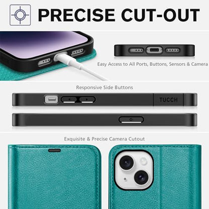 TUCCH Wallet Case for iPhone 14 (6.1") 2022, 4 Card Holders, Cyan | RFID Blocking, Viewing Stand, Shockproof TPU Shell, PU Leather, Magnetic Closure, Protective Folio Flip Cover - color: Cyan - Textured
