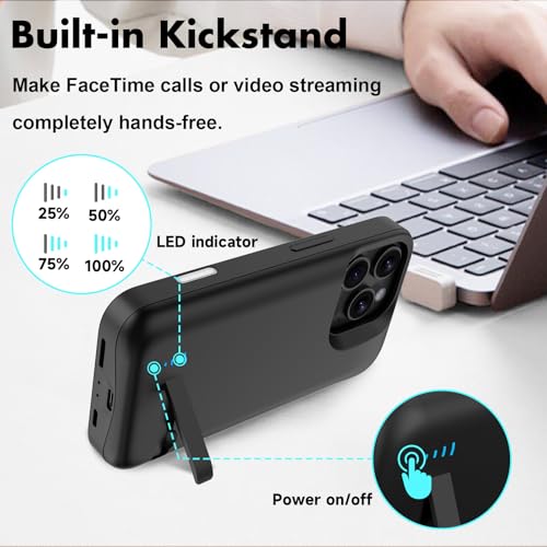 Battery Case for iPhone 16 Pro Max (6.9 Inch) 5000mAh, Slim Rechargeable Extended Charging Case Power Bank with Stand, Portable Protective Phone Case with Battery for iPhone 16 Pro Max Black