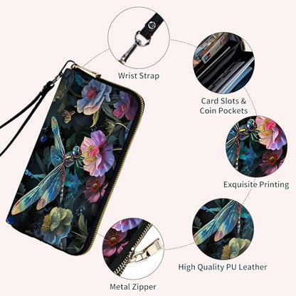 Ladies Wallet,Clutch Purses for Women Wallets Leather Credit Card Holder for Women Wristlet Slim Small Cute with Zipper,Thin RFID Blocking with Wrist Strap,Art Cute Dragonfly - color: Art Cute Dragonfly