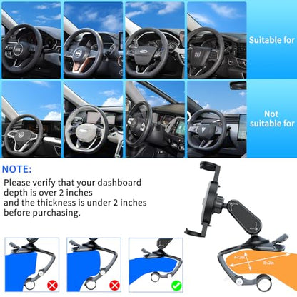 Universal 360° Rotating Dashboard Phone Holder for Car - Spring Clip Car Phone Mount, No Adhesive No Tools, Multi-Angle Adjustable Clip-On Holder for 4-7 inches Smartphones (Black)