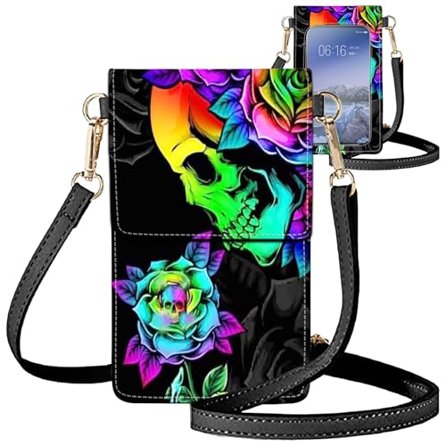 for Women Cell Phone Purse,with Touchscreen Cell Phone Purse,PU Leather Shoulder Bag Waterproof Phone Wallet Case with Clear Touch Screen Window up to 6.7 inch Smartphone, - color: Colorful Skull Rose Flower