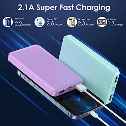 [2 Pack]Portable Charger Power Bank 10000mAh,Slimmer USB C Fast Charging Portable Phone Charger,Travel Essentials Backup External Battery Pack for iPhone 17/16/ 15/14/13/12,Galaxy,Android-Green+Purple - color: Green+Purple