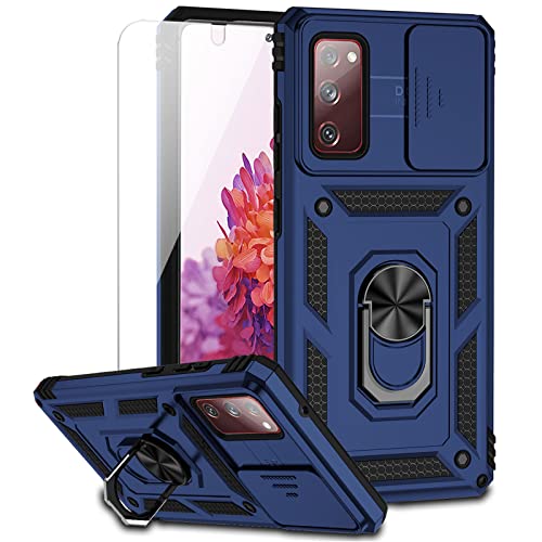 for Samsung Galaxy S20 FE 5G Case with Camera Lens Cover HD Screen Protector, Military-Grade Drop Tested Magnetic Ring Holder Kickstand Protective Phone Case for Samsung Galaxy S20 FE 5G (Navy Blue) - color: Navy Blue with camera cover Military-Grade 2nd