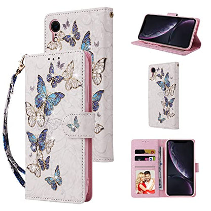UEEBAI Wallet Case for iPhone XR, PU Leather Phone Case Kickstand RFID Blocking Flip Case with Card Slots Wrist Strap Relief Engraved Pattern Magnetic Closure Folio Case - Blue Butterfly - color: Blue Butterfly