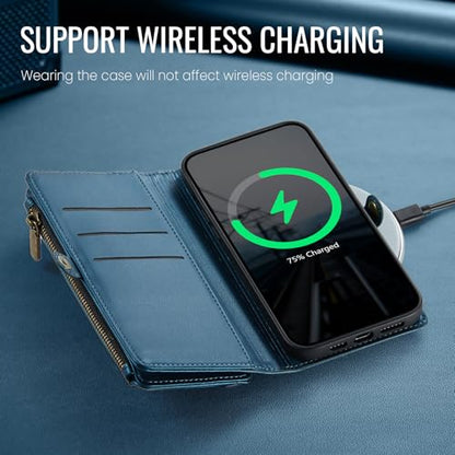 Defencase for iPhone 17 Wallet Case with RFID Blocking Card Holder, Blue | Durable Soft PU Leather, with Zipper Pocket, Wrist Strap, Fashion Snap Flip Phone Cases Cover with Stand for Women and Men - color: Dark Blue