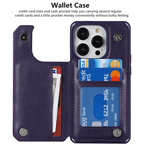 iCoverCase Compatible with iPhone 14 Pro Wallet Phone Case with Card Holder for Women, RFID Blocking Embossed PU Leather Wrist Strap Case 6.1 Inch (Macaron Dark Purple) - color: P-Dark Purple