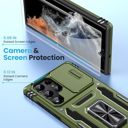 for Samsung Galaxy S22 Ultra Case with 2 PCS HD Screen Protector, Military Grade Protection Metal 360 ° Rotating Ring Kickstand Slide Camera Cover, Shockproof for Galaxy S22 Ultra Case, Olive Green | 2 PCS HD Screen Protector, Magnetic Metal 360 ° Rotatin