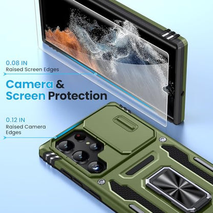 for Samsung Galaxy S22 Ultra Case with 2 PCS HD Screen Protector, Military Grade Protection Metal 360 ° Rotating Ring Kickstand Slide Camera Cover, Shockproof for Galaxy S22 Ultra Case, Olive Green | 2 PCS HD Screen Protector, Magnetic Metal 360 ° Rotatin