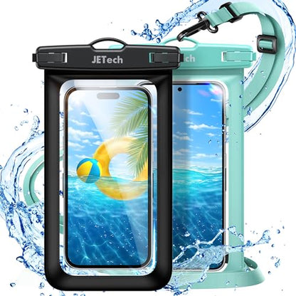 JETech IPX8 Waterproof Phone Pouch, Dry Bag, Black+Green, 2-Pack | Touchscreen Compatible, Fits up to 7.2", for iPhone 17e/17/16/15/14 Series, for Galaxy S26/S25 Ultra, for Pixel 10 Series - color: Black+Green