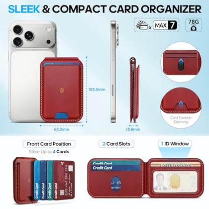 SHIELDON Genuine Leather Magnetic Wallet Stand for MagSafe, Retro Red | Strong Magnetic, 6 Card Holder, Kickstand, Angle Adjustment, Rfid Blocking, Quick-access, for iPhone 17/16/15/14/13/12 Series - color: Retro Red
