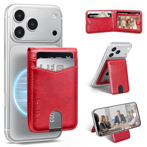 RFID Blocking MagSafe Wallet Stand with Card Holder,5 Card Slots & ID Window,PU Leather Magnetic Phone Adjustable Kickstand for iPhone 12/13/14/15/16/17 Pro Max & Air Plus Series,Red - color: Red, style: Stand Wallet