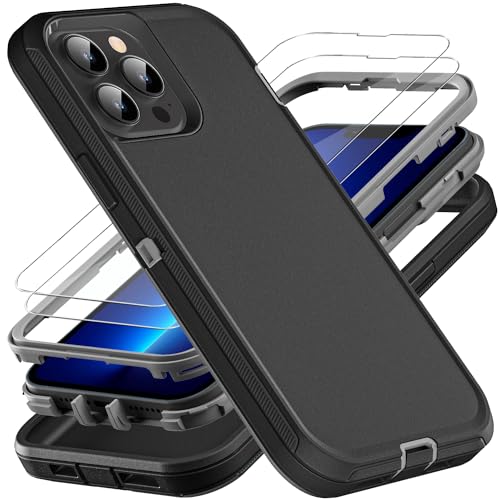 YKHJKLEC for iPhone 13 Pro Max Case, Military Grade 3 in 1 Heavy Duty Shockproof/Drop Proof/Dust Proof Case with 2Pcs Tempered Glass Screen Protector (Black/Grey) - color: Black/Grey