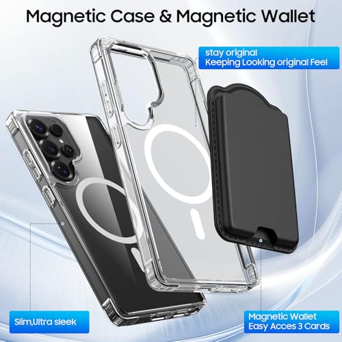 Magnetic for Samsung Galaxy S25 Ultra Wallet Case with Card Holder﻿ | Compatible with MagSafe, Shockproof Phone Cover with Detachable RFID Blocking Card Slot, Clear & Black - color: Clear with Black, size: S25 Ultra 6.9"